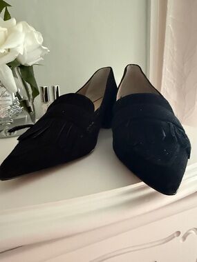 Ann Taylor Black Suede Pointed Tassel Loafers